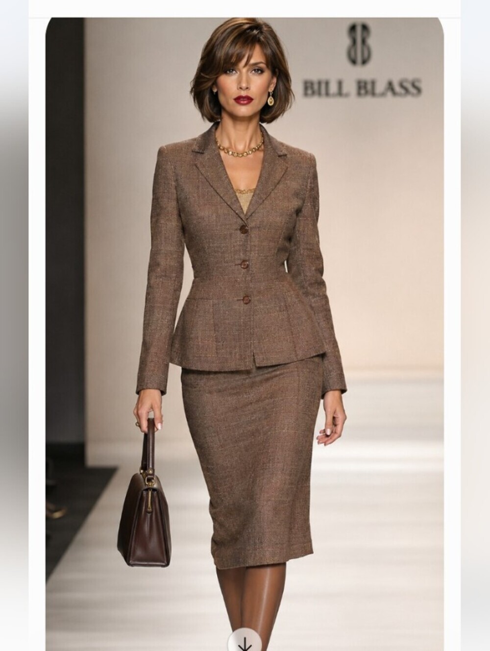 BILL BLASS 8 M/L HERRINGBONE BROWN TAN WOOL MODERN VTG TAILORED FIT SKIRT SUIT